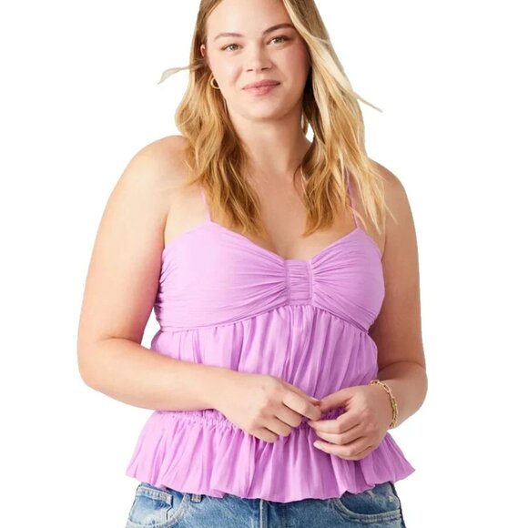 Steve Madden Solange Top L NWT Purple Ruched Peplum Blouse Spaghetti Strap - Picture 1 of 2